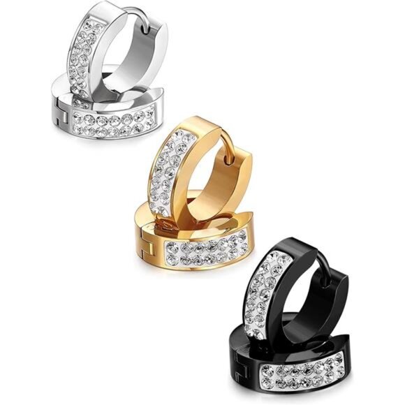 Stainless Steel Mens Hoop Earrings Huggie Earrings CZ Piercings 3 - Picture 4 of 7